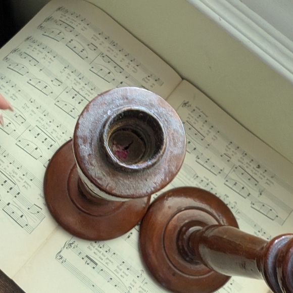 Vintage Pair Brown Wooden Candle Holders - Picture 6 of 7